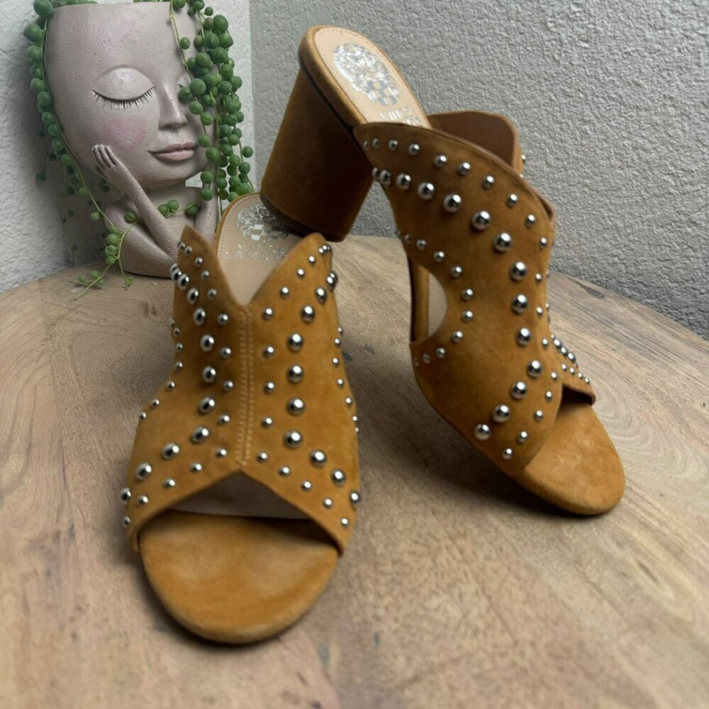 Vince Camuto Jorlyn Studded Leather Block Heel Sandals‎ Size 7M Tan Women Mules